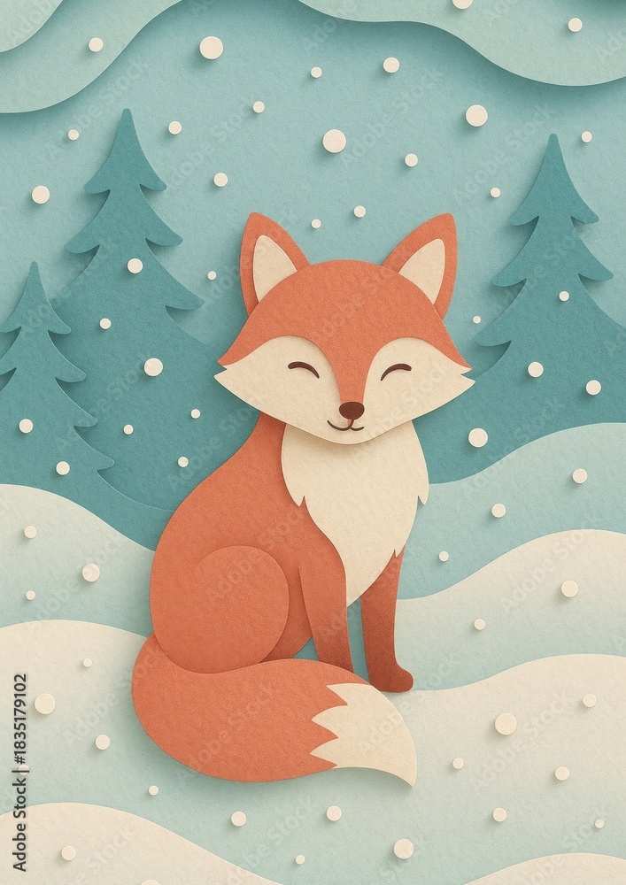 Naklejka premium Whimsical fox winter scene.