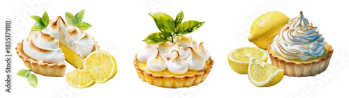 Watercolor set of lemon tarts. Shortcrust pastry with cream and lemons decorated with mint. Lemon desserts with Mediterranean motifs. Refreshing summer sweets.