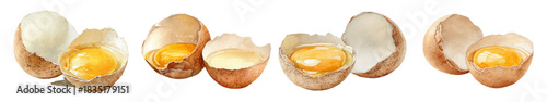 Watercolor set of broken eggs. Chicken broken eggs from which liquid egg with yolk flows out. Chicken raw eggs with cracked shell. Vector illustration.
