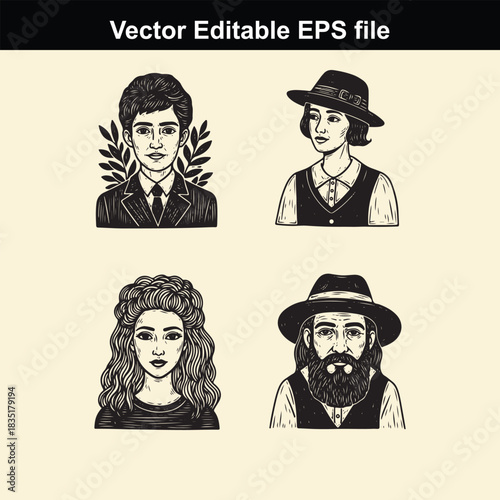 collection of four vintage style black and white vector portraits featuring diverse male and female characters with different hairstyles and hats, suitable for retro design