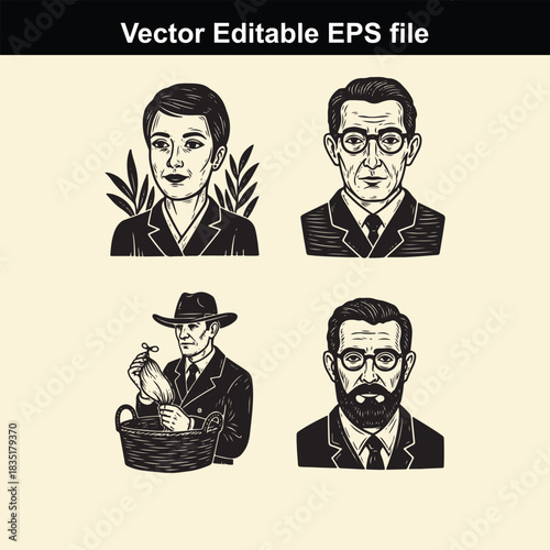 collection of four black and white vector portraits featuring different male and female characters in vintage or professional attire, suitable for editable eps file use