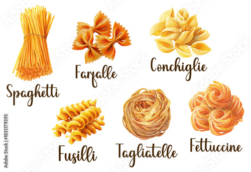 Watercolor set of types of spaghetti. Spaghetti, fettuccine, penne, fusilli and others. Italian pasta. Macaroni for cooking pasta. Italian food. vector illustration.