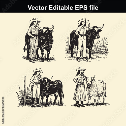 collection of four vintage style vector illustrations depicting female rancher or cowgirl standing next to various cattle breeds including bull and calf