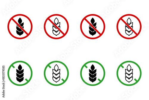 Green and Red No Gluten or Gluten Free Round Circle Package or Product Info Label Stamp Sign Icon Set with Circle Backslash and Wheat or Grain Ear Symbol. Vector Image.