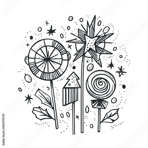 Monochrome drawing of various festive lollipops and sweet treats.