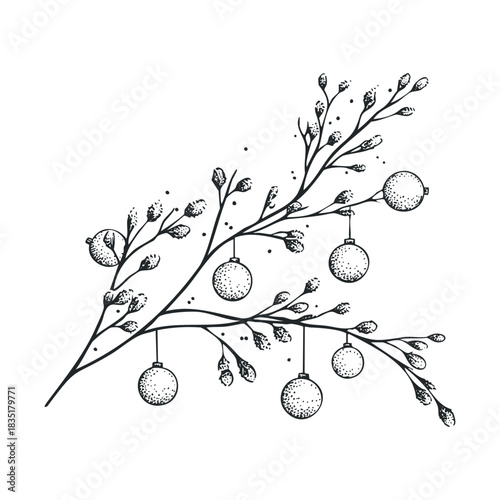 Monochrome sketch of baubles hanging from a festive leafy branch.