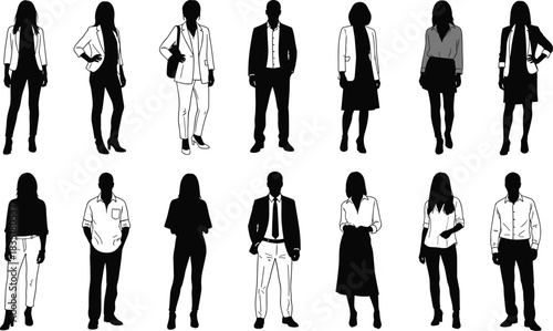 Business attire silhouette, professional people vector, office fashion clipart, formal clothing design, workplace illustration, corporate dress style, team pose