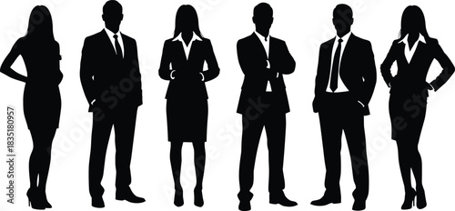 Business silhouette illustration, professional attire vector, gender diversity, standing posture, black and white design, minimal style, teamwork, identity, fashion, corporate