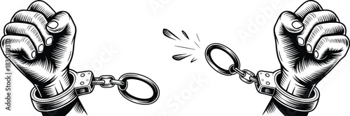 Illustration of clenched fists breaking handcuffs, symbolizing freedom, breaking chain