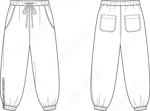 Jogger pants flat sketch front and back, casual sweatpants fashion design template, unisex trousers vector illustration, technical clothing drawing