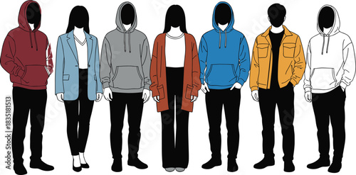 Casual fashion illustration, diverse outfit vector, faceless people clipart, hoodie and jacket design, modern clothing style, streetwear silhouette art