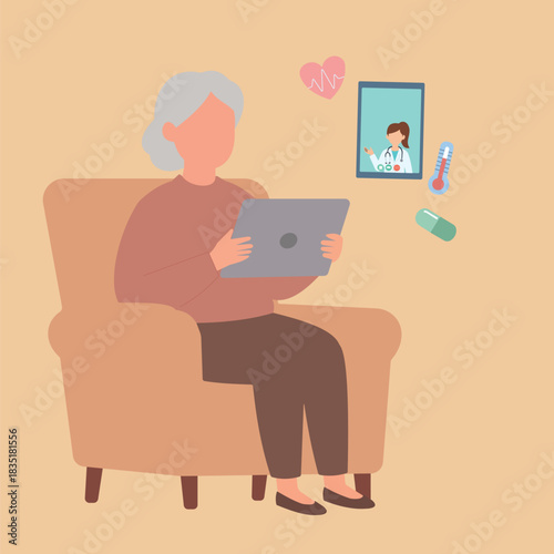 Title Flat Vector Elderly Telemedicine Support
