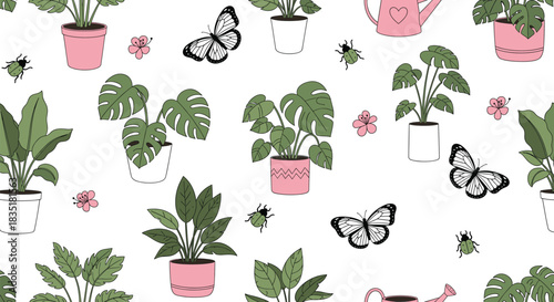 Seamless Vector Pattern of Trendy Houseplants in Pink Pots, Including Monstera and Ficus, Accentuated by Hand-Drawn Butterflies and Beetles, Ideal for Home Decor and Fabric Design