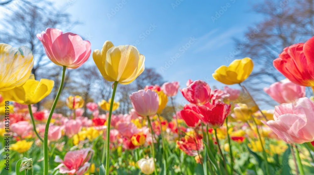 Fototapeta premium Vibrant tulip field blossoms under a clear blue sky in bright sunlight