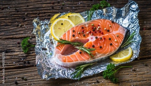 Raw salmon steak seasoned with peppercorns and herbs garnished with lemon slices on foil