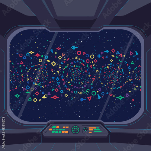 Colorful galaxy vista from a spaceship window showcasing cosmic patterns ideal for science fiction book covers illustrating space exploration adventures.
