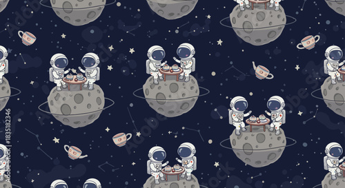 cute astronaut pattern astronauts having a tea party on a moon seamless space illustration evoking whimsical exploration and childish wonder