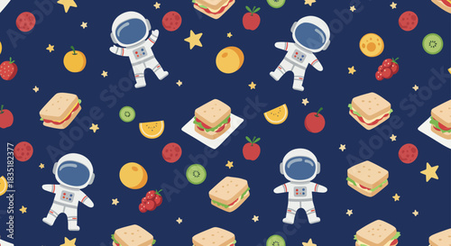 cute astronaut pattern design astronauts and fruit floating in space fun zero-g illustration for kids wallpaper textiles or childrens book