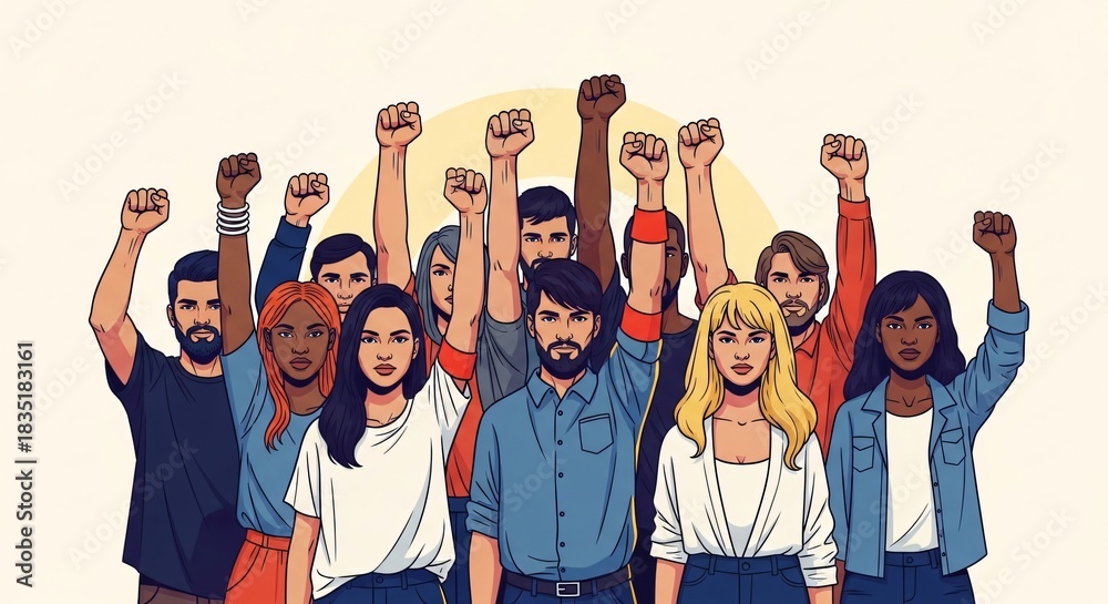 Fototapeta premium Diverse Group with Raised Fists – Stylized Illustration of Solidarity, Protest, and Social Justice 