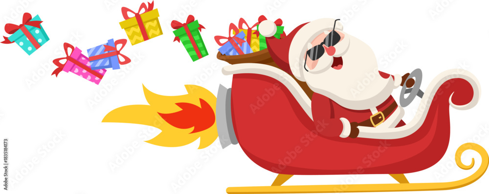 Fototapeta premium Santa Claus flies on a jet sleigh and scatters gift boxes on a white. Christmas character