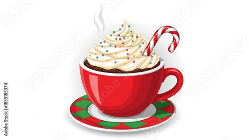 Festive christmas hot chocolate with candy cane and whipped cream holiday beverage vector illustration