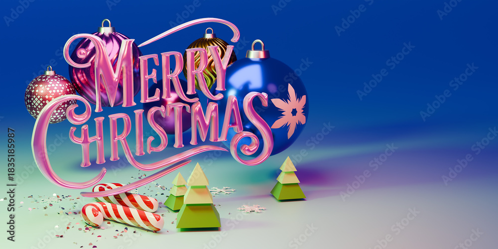 Obraz premium Merry Christmas 3d text with sweets and toys. 3d render.