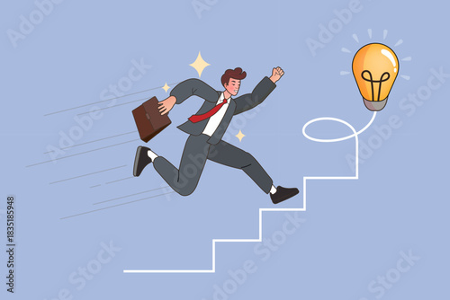 Energetic businessman running up stairs towards a shining lightbulb idea. A dynamic concept of chasing innovation, career ambition, and the fast path to achieving creative success.