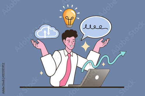 Happy businessman working on laptop with lightbulb idea, cloud server and speech bubble icons. Concept of creative technology, digital communication and smart business growth strategy.