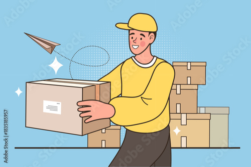 Smiling courier holding a package with a paper plane symbolizing speed. A dynamic concept of fast delivery service, efficient e-commerce logistics, and reliable shipping for online shopping growth.