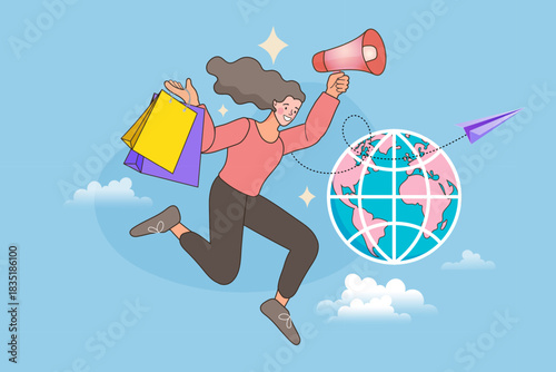 Woman with shopping bags and megaphone running near a globe with paper plane. Concept of global e-commerce, international shipping delivery, worldwide sale announcement, and travel shopping promotion.