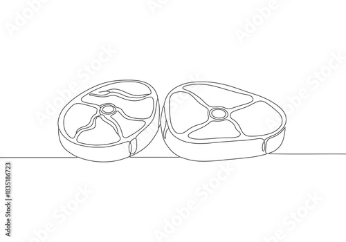 Modern continuous line art drawing illustrating two cuts of raw steak or prime red meat, a minimalist graphic