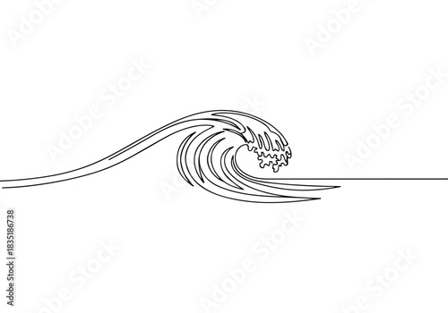 Minimalist continuous line art drawing of a crashing ocean wave, a simple black and white graphic illustration