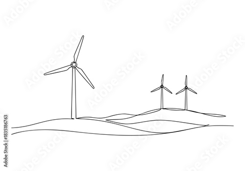 Continuous line art drawing featuring renewable energy wind turbines across a serene landscape design