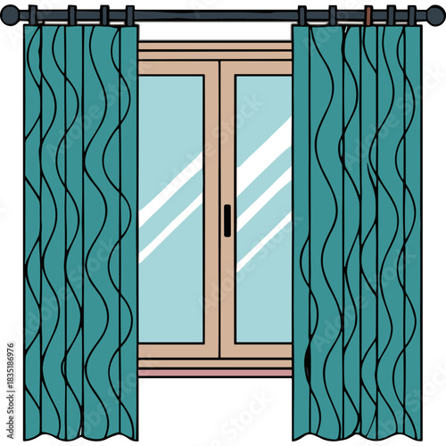 Teal Curtains Frame a Light Blue Window with Reflections of the Sky and Subtle Sunlight on a Neutral Background Vector Illustration