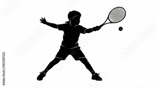 Energetic child playing tennis with determination, showing athletic skill and focus