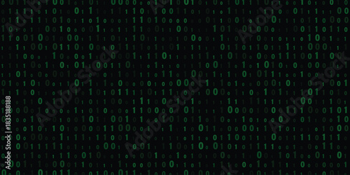 Green Binary Code Falling Like Digital Rain on Black Background Symbolizing Computer Programming and Data Processing