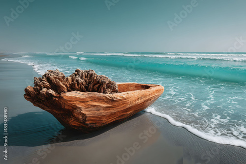 Serene Driftwood on Pristine Beach Shoreline for Coastal Advertising and Decor