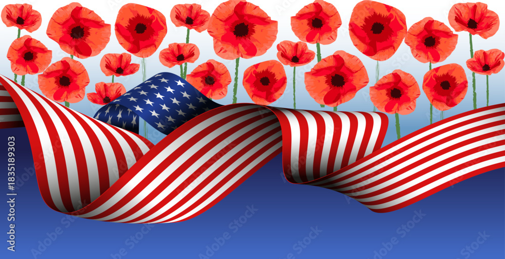 Obraz premium American flag and poppy flowers, USA patriotic banner, background, web, greeting card, poster, holiday cover, label, flyer, layout. Patriotic Social media print for presentation, information