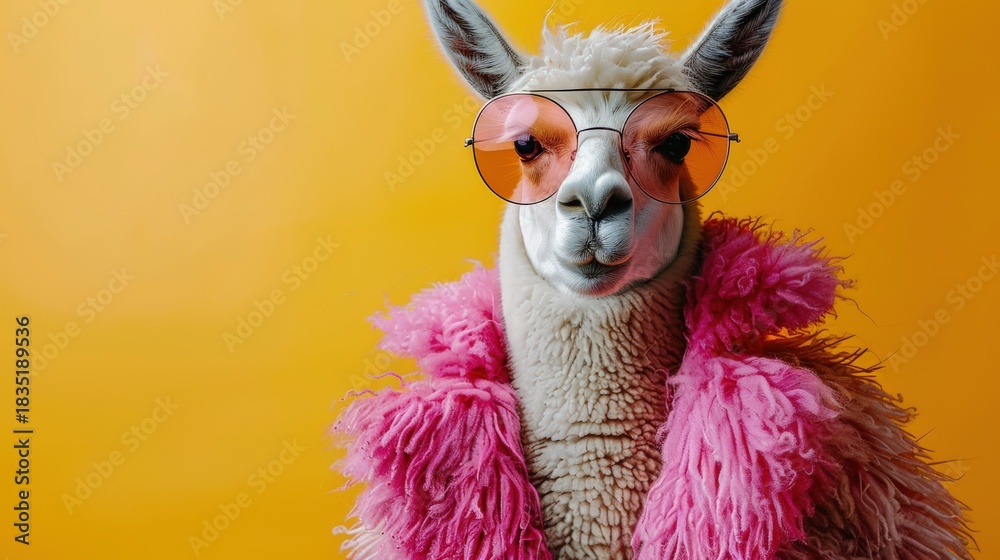 Obraz premium A Stylish Llama Poses Playfully Against a Bright Yellow Background, Sporting Funky Pink Fur and Trendy Sunglasses, Showcasing a Unique Blend of Quirkiness and Charm