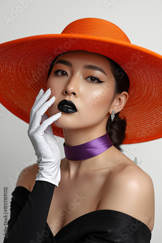 A fashion portrait of a woman in a striking, large orange hat against a clean white background