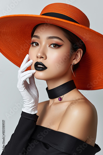 A fashion portrait of a woman in a striking, large orange hat against a clean white background