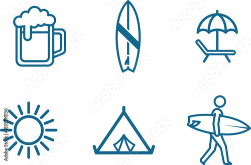 Blue line icon set representing summer vacation and beach related activities featuring beer surfboard beach umbrella sun tent and surfer perfect for travel tourism and leisure designs