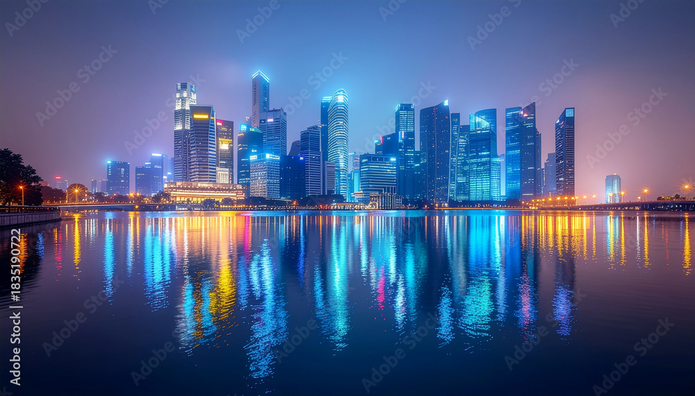 Fototapeta premium Captivating Singapore Cityscape at Night A Symphony of Lights Reflected in the Calm Water