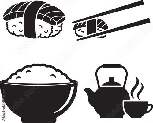 Japanese Food Icons: Sushi, Rice, Tea Set, and Chopsticks