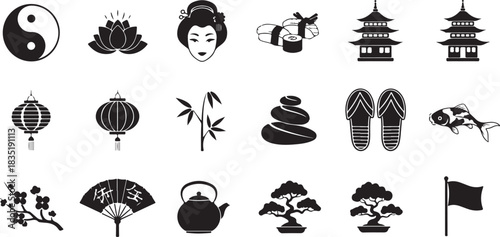 Collection of Asian-themed icons: Yin Yang, lotus, geisha, sushi, pagodas, lanterns, bamboo, stones, koi fish
