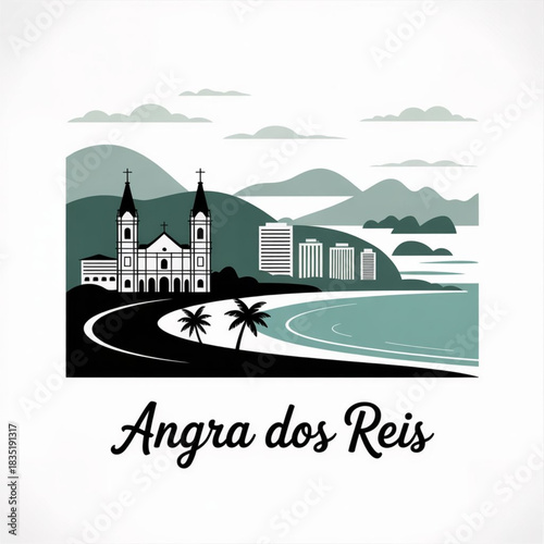 Angra dos Reis Brazil Skyline Silhouette — Coastal & Island-Backed Port City of Rio de Janeiro Vector Illustration