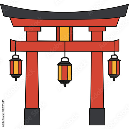 Traditional Red Japanese Torii Gate With Hanging Lanterns Illuminated Against A Black Background