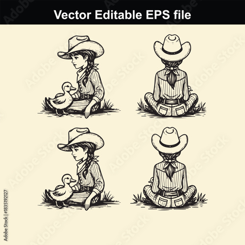 vector editable eps file featuring a charming illustration of a young child wearing a cowboy hat sitting down with a small duck, shown from side and back views