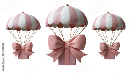 Set of 3d pink and white striped parachutes with gift boxes and large pink ribbon bows isolated transparent background. PNG