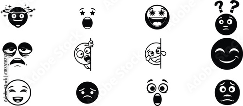 Cartoon faces with different expressions in black and white